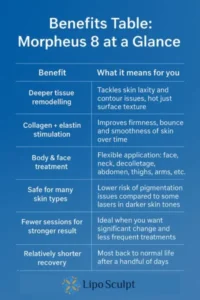 How Often Can I have Morpheus 8? 3 Table showing the benefits of Morpheus 8 treatment from Lipo Sculpt Ryton on Dunsmore
